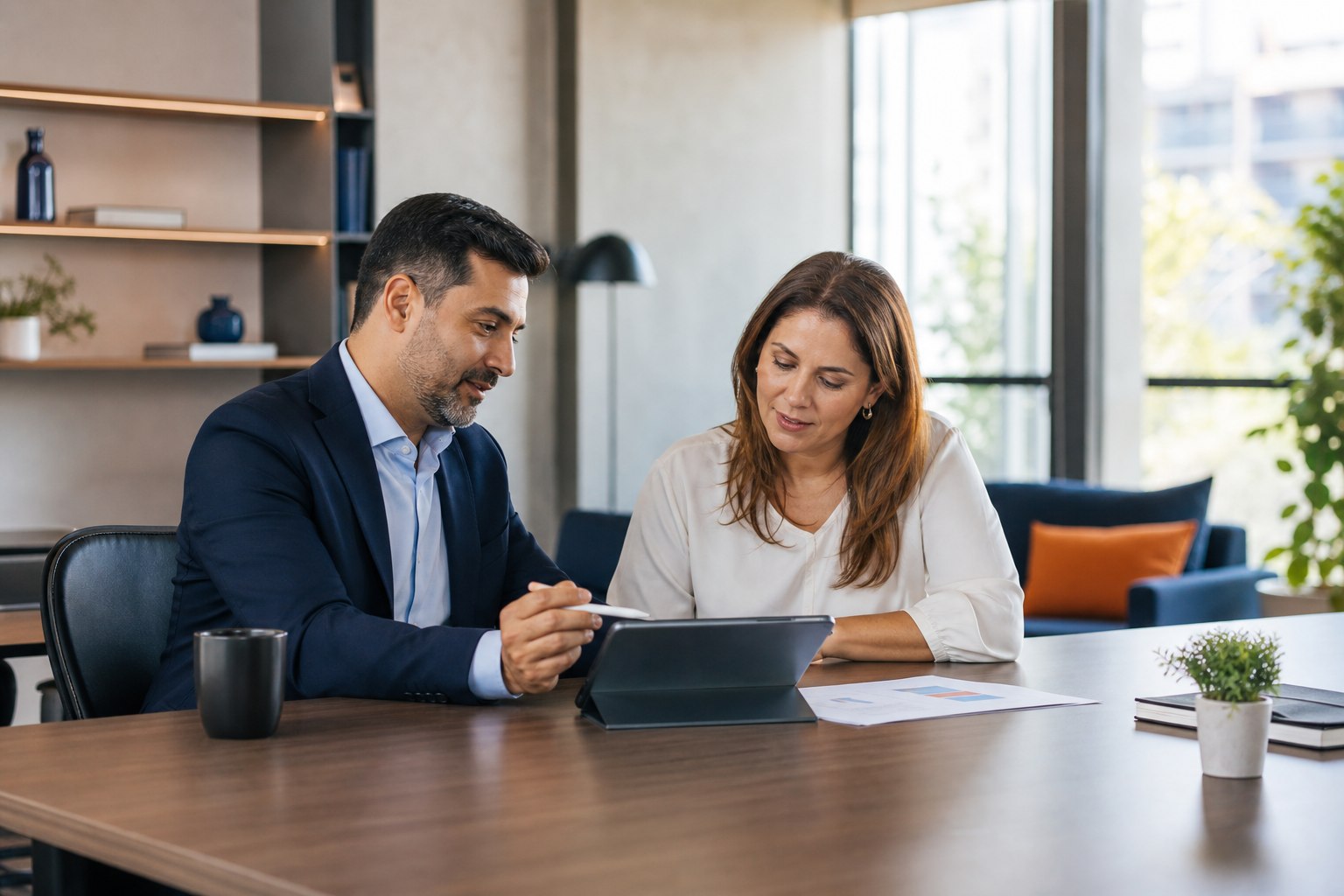 Consultor orientando uma cliente durante uma análise financeira
